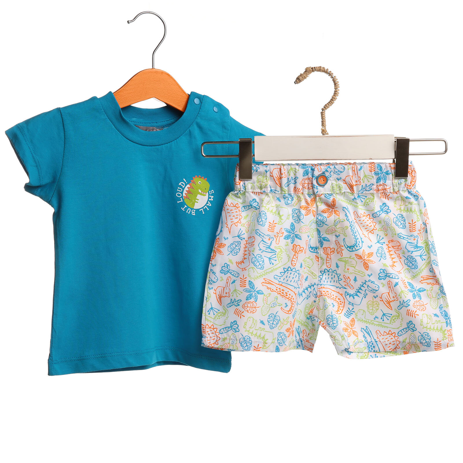 Bambaki Yaz Erkek Bebek Dinozor Adası Poplin Kısa Kol