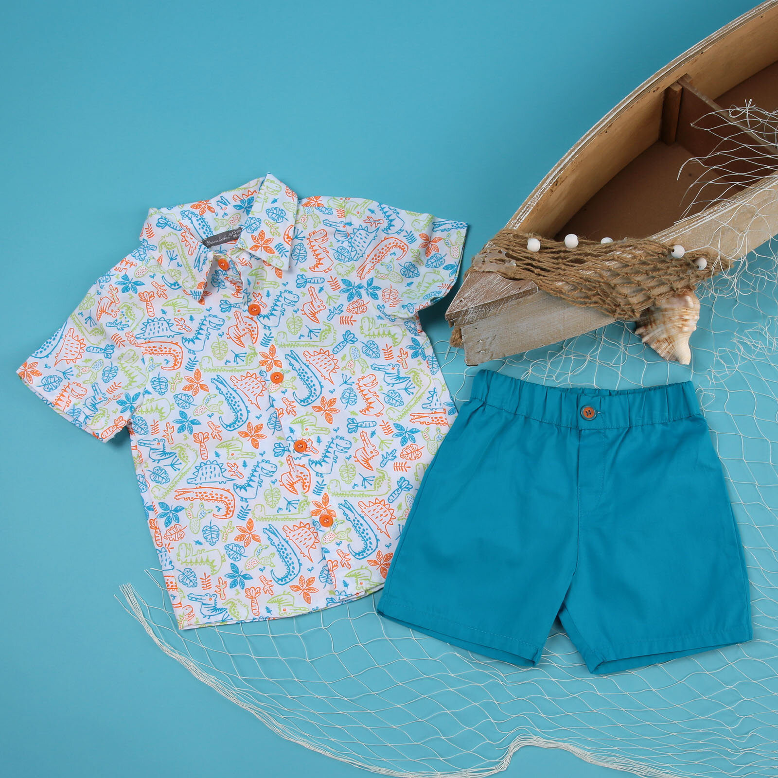 Bambaki Yaz Erkek Bebek Dinozor Adası Poplin Kısa Kol