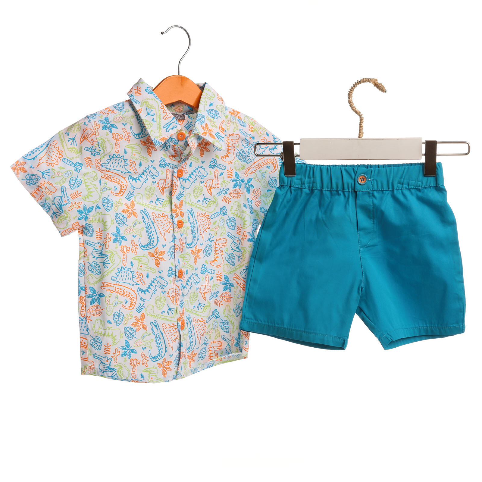 Bambaki Yaz Erkek Bebek Dinozor Adası Poplin Kısa Kol