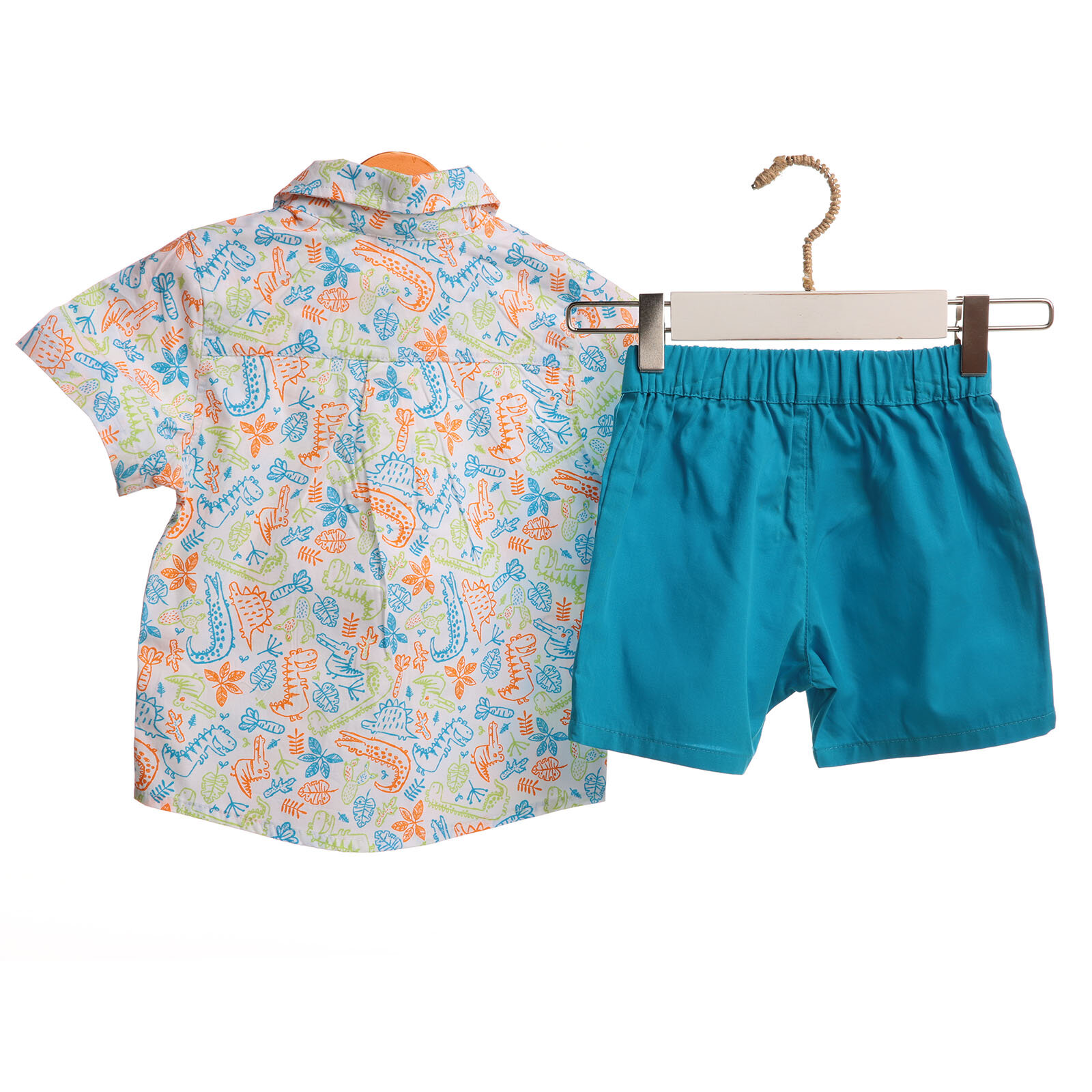 Bambaki Yaz Erkek Bebek Dinozor Adası Poplin Kısa Kol