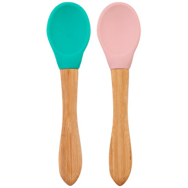 Set of 2 Pink-Green Bamboo Handle Silicone Baby Spoons