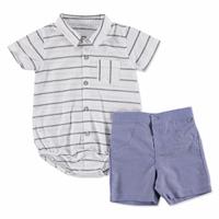 Yaz Erkek Bebek İndigo Poplin Polo Yaka 2li Gömlek Boy -Şort Takım